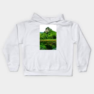 Scenery underneath Castel Trosino medieval village with the emerald tones of the Casette Lake Kids Hoodie